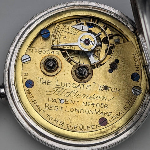 1898年 英国アンティーク ベンソン LUDGATE 銀側 鍵巻き懐中時計 動作良好